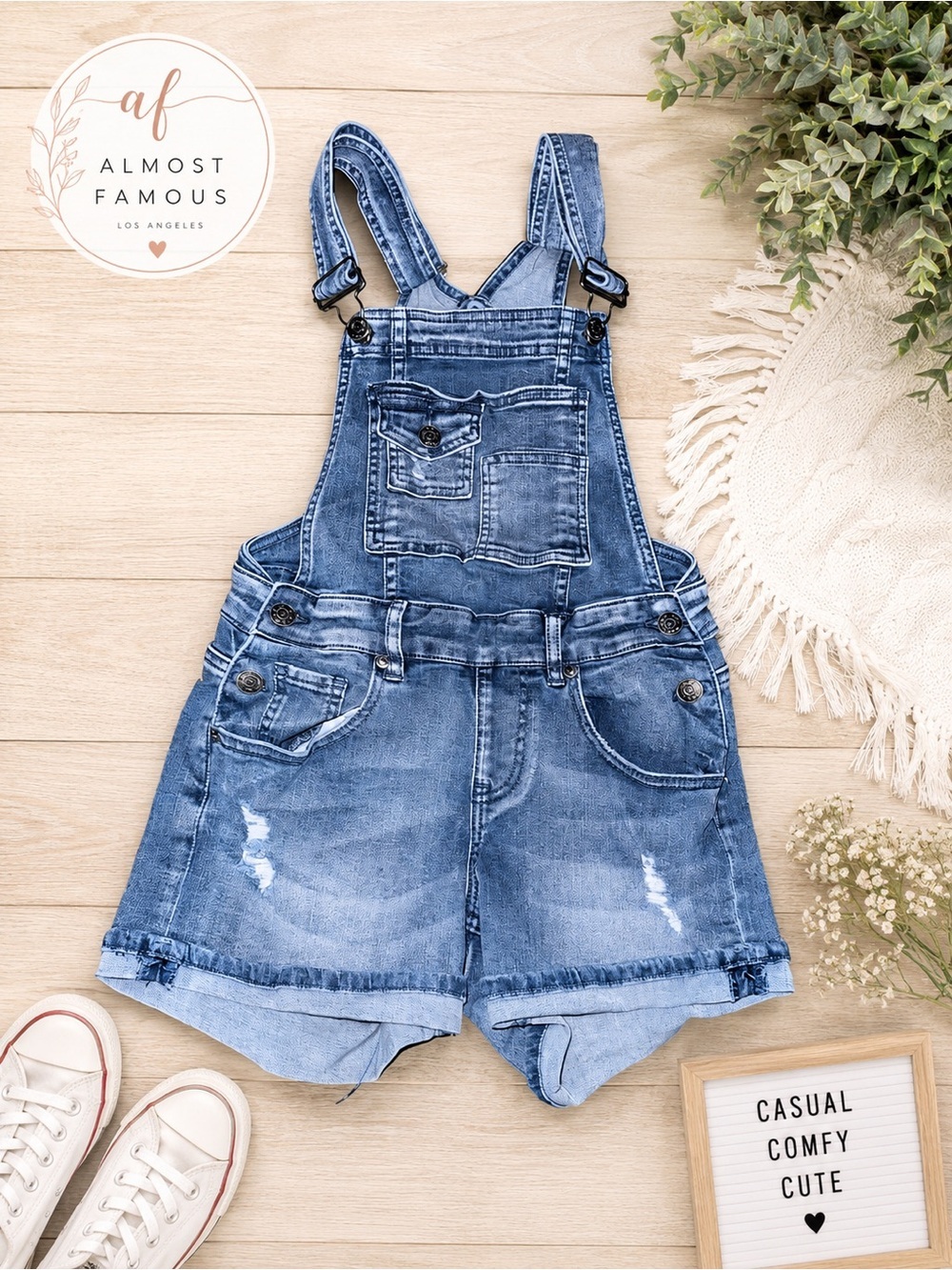 Almost Famous Women’s Distressed Denim Short Overalls Size 3 Cuffed Hem